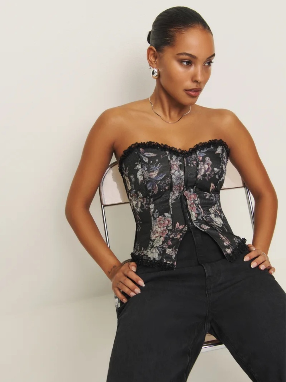 Reformation Floral Lace-Trim Corset top — Black